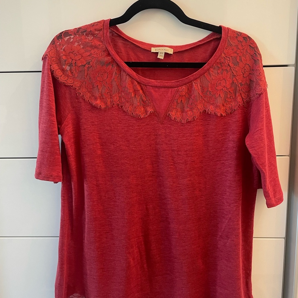 Bordeaux Red 3/4 Sleeve Blouse with Lace